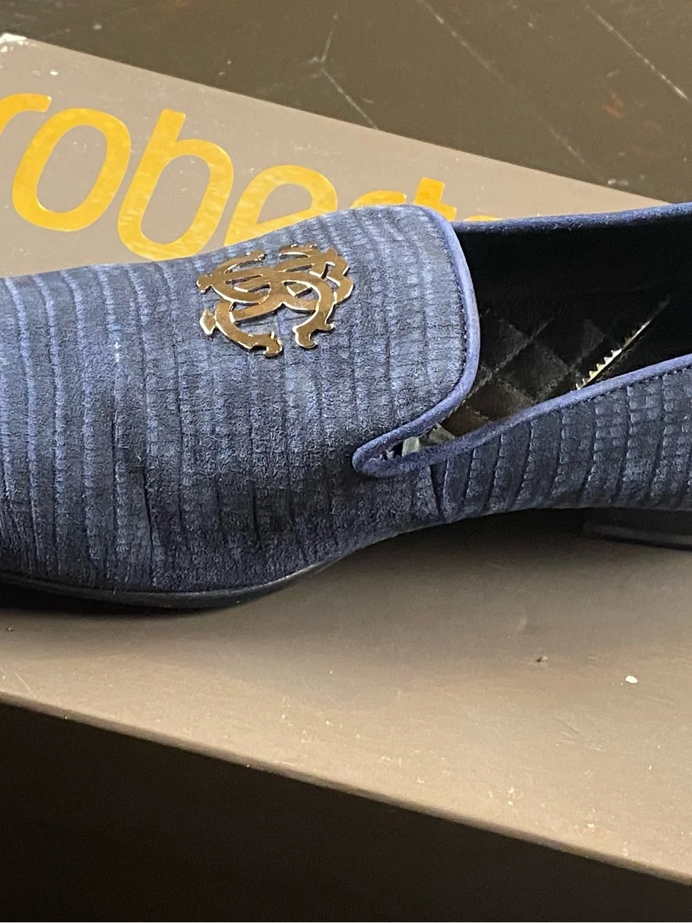 Roberto Cavalli Navy Textured Velvet Slip-On Loafers with Metallic Crest.